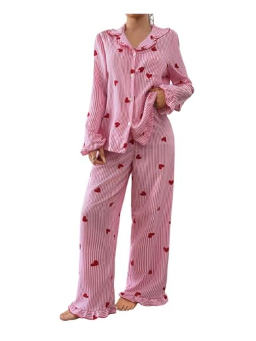 Women's Heart Print Striped Pajama Set Long Sleeve Button Down 2 Piece Sleepwear